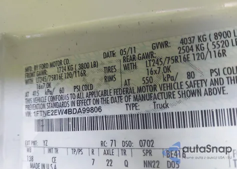 2011 Ford Econoline Commercial from USA, damaged, VIN 1FTNE2EW4BDA99806